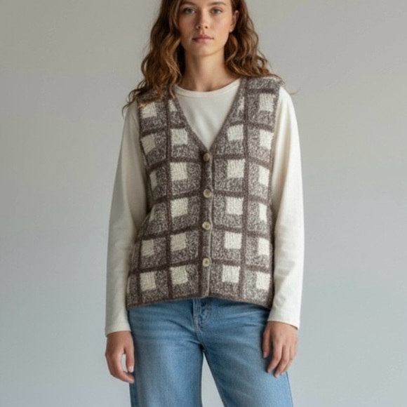 VTG Check Sweater Vest Sz.M Tan Cream Wool Hand Knit Cottage Academia Grandma - Picture 1 of 11
